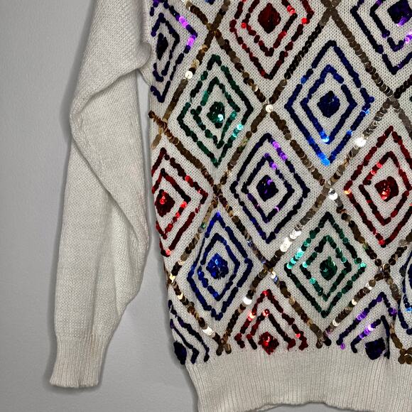 Vintage 1980s Sequins Sweater Princess Collection Rainbow Harlequin Design Sz L - Picture 7 of 16